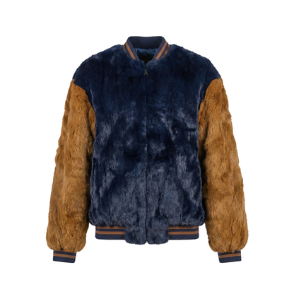 Kashani men's navy and whisky rabbit fur baseball jacket