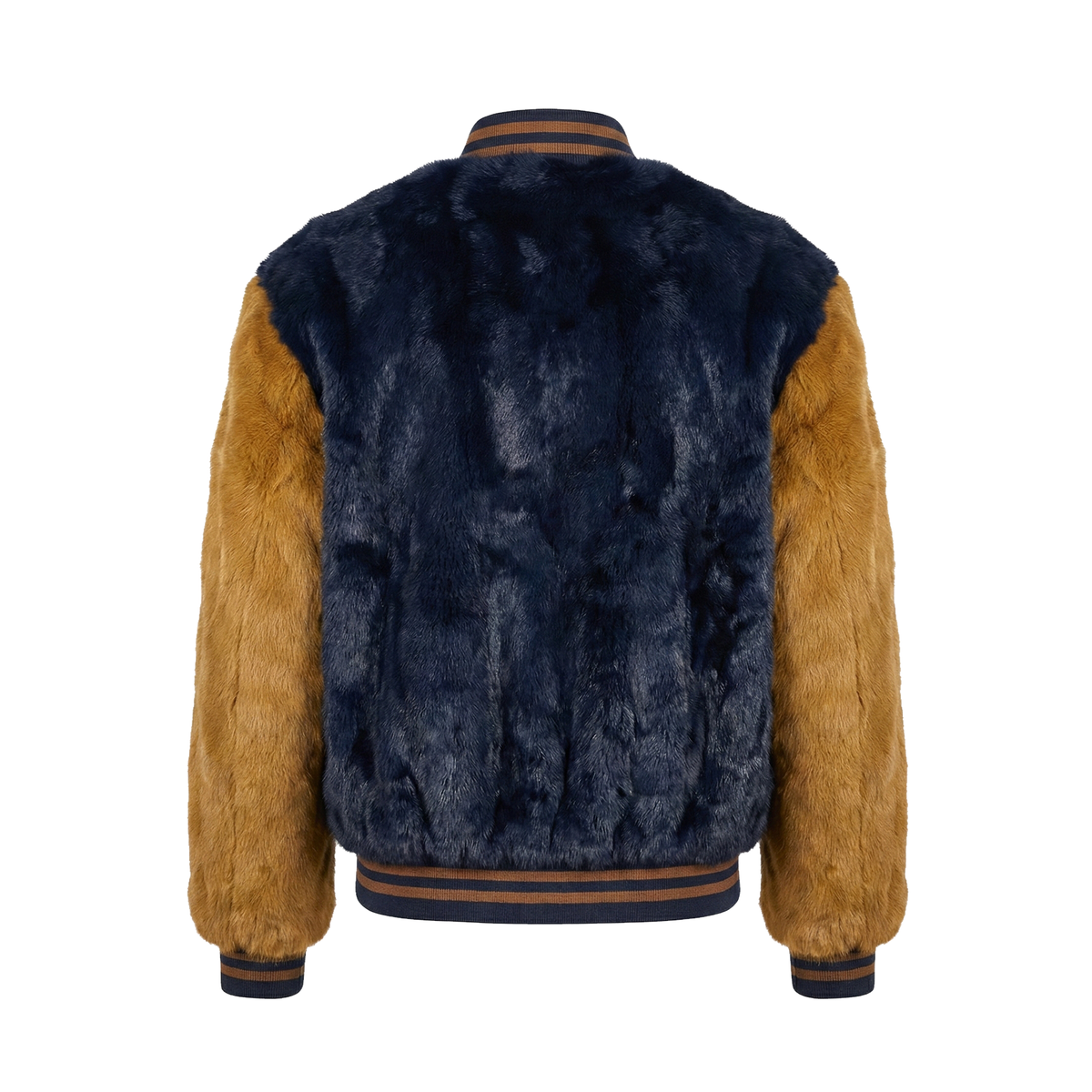 Kashani men's navy and whisky rabbit fur baseball jacket