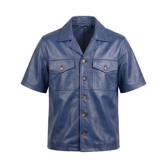 Kashani Navy Lambskin Leather Cuban Collar Shirt