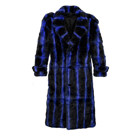 Kashani Men's Navy Full Length Rex Rabbit Trench Fur Coat