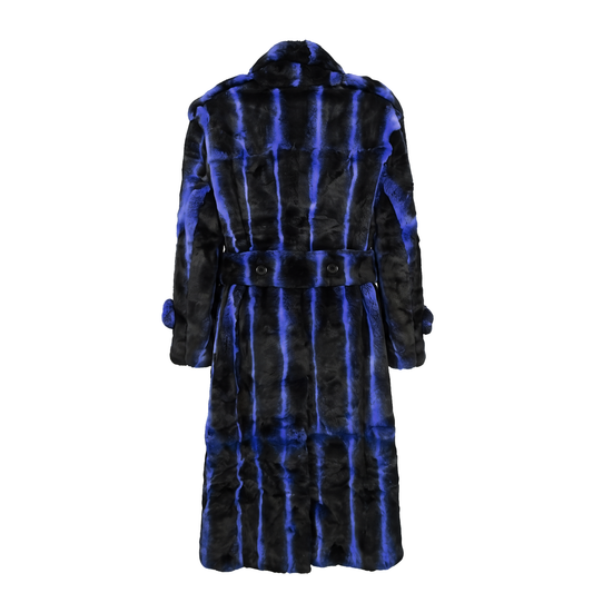 Kashani Men's Navy Full Length Rex Rabbit Trench Fur Coat