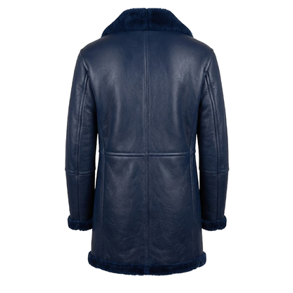 Kashani navy blue double breasted three-quarter length shearling coat