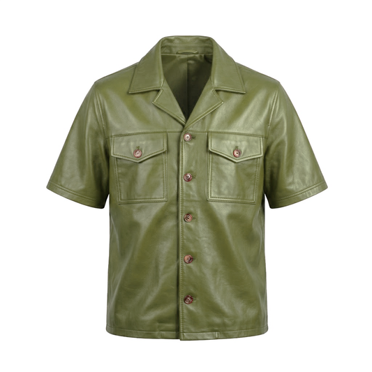 Kashani Olive Green Lambskin Leather Cuban Collar Shirt