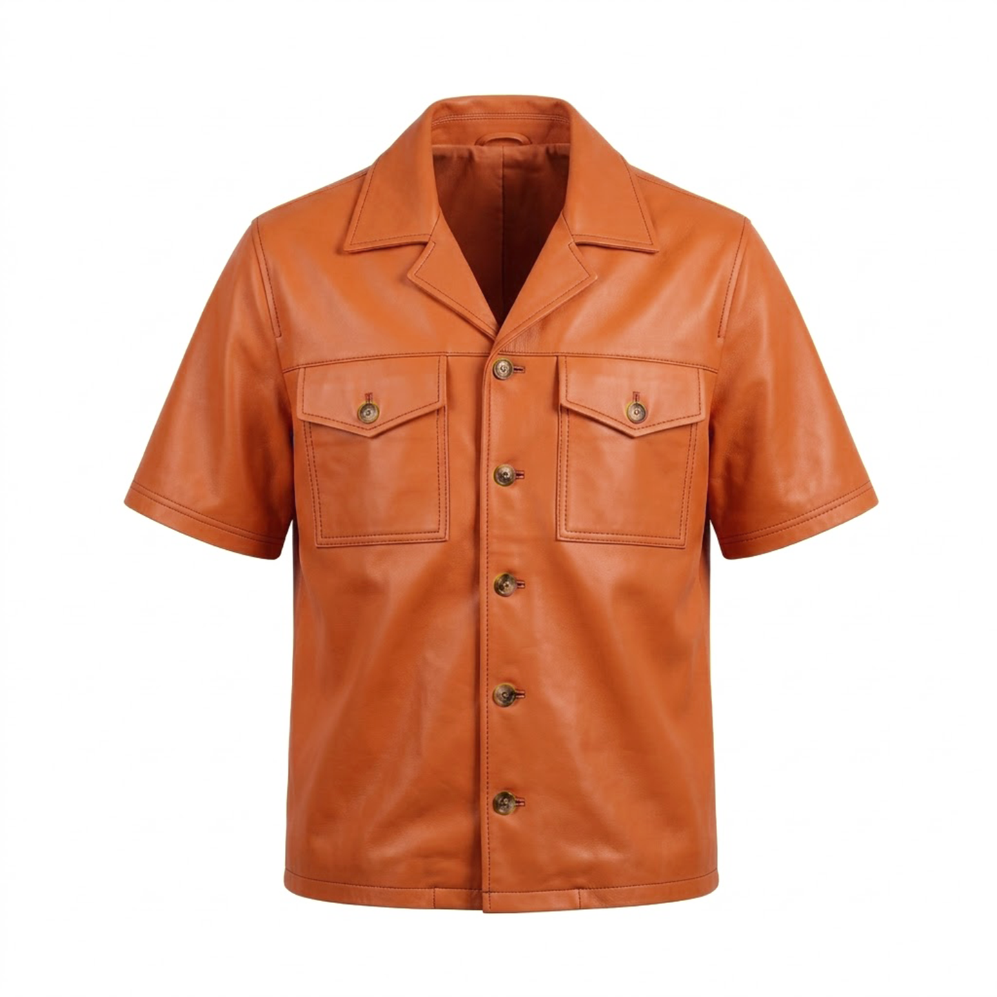 Kashani Orange Lambskin Leather Cuban Collar Shirt