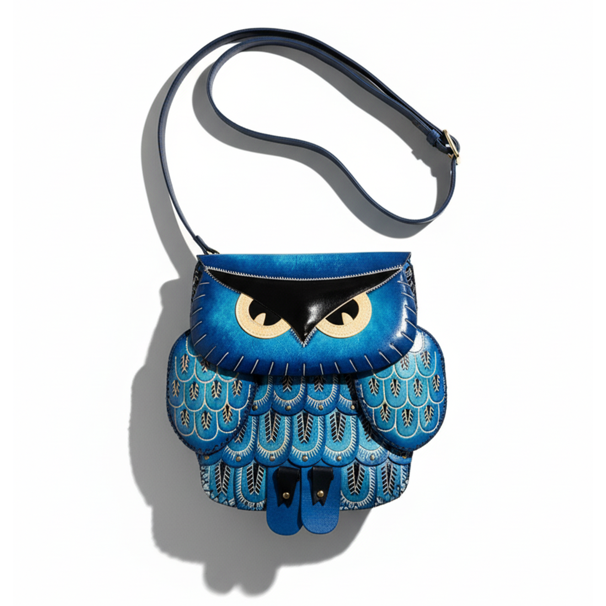 Kashani Handcrafted Leather Electric Blue Owl Crossbody Bag