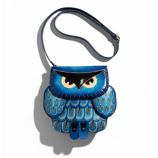 Kashani Handcrafted Leather Electric Blue Owl Crossbody Bag