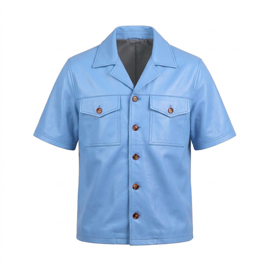 Kashani Powder Blue Lambskin Leather Cuban Collar Shirt
