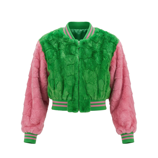 Kashani Women’s Pink/Green Diamond Cut Mink Cropped Bomber Jacket