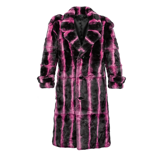 Kashani Men's Pink Full Length Rex Rabbit Trench Fur Coat