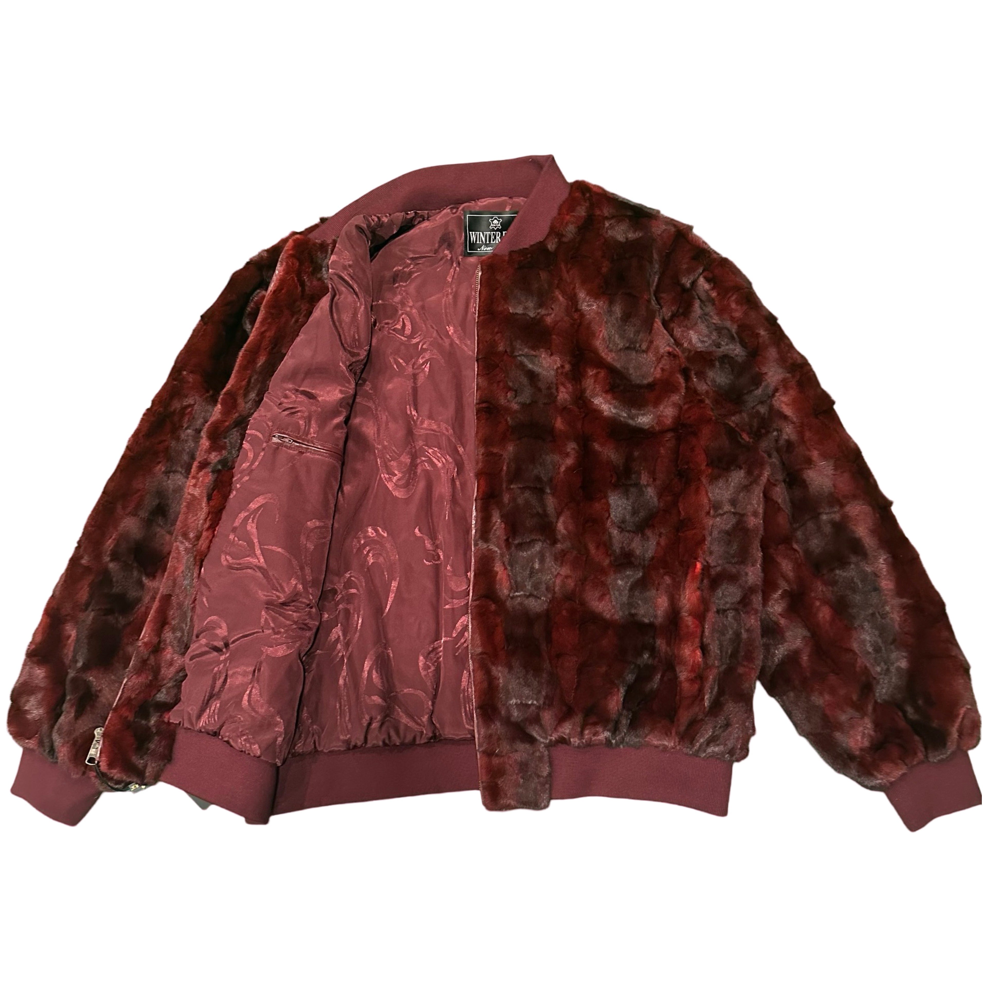 Kashani Burgundy Diamond Cut Mink Fur Bomber Jacket - Dudes Boutique