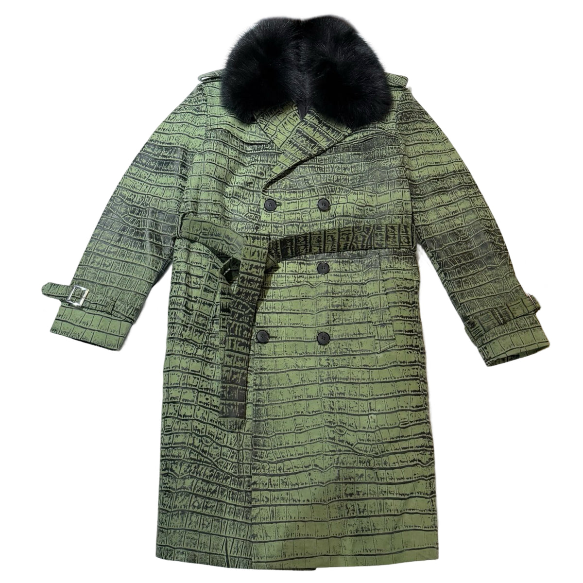 Kashani Green Embossed Alligator Trench Coat with Detachable Fox Fur Collar - Dudes Boutique