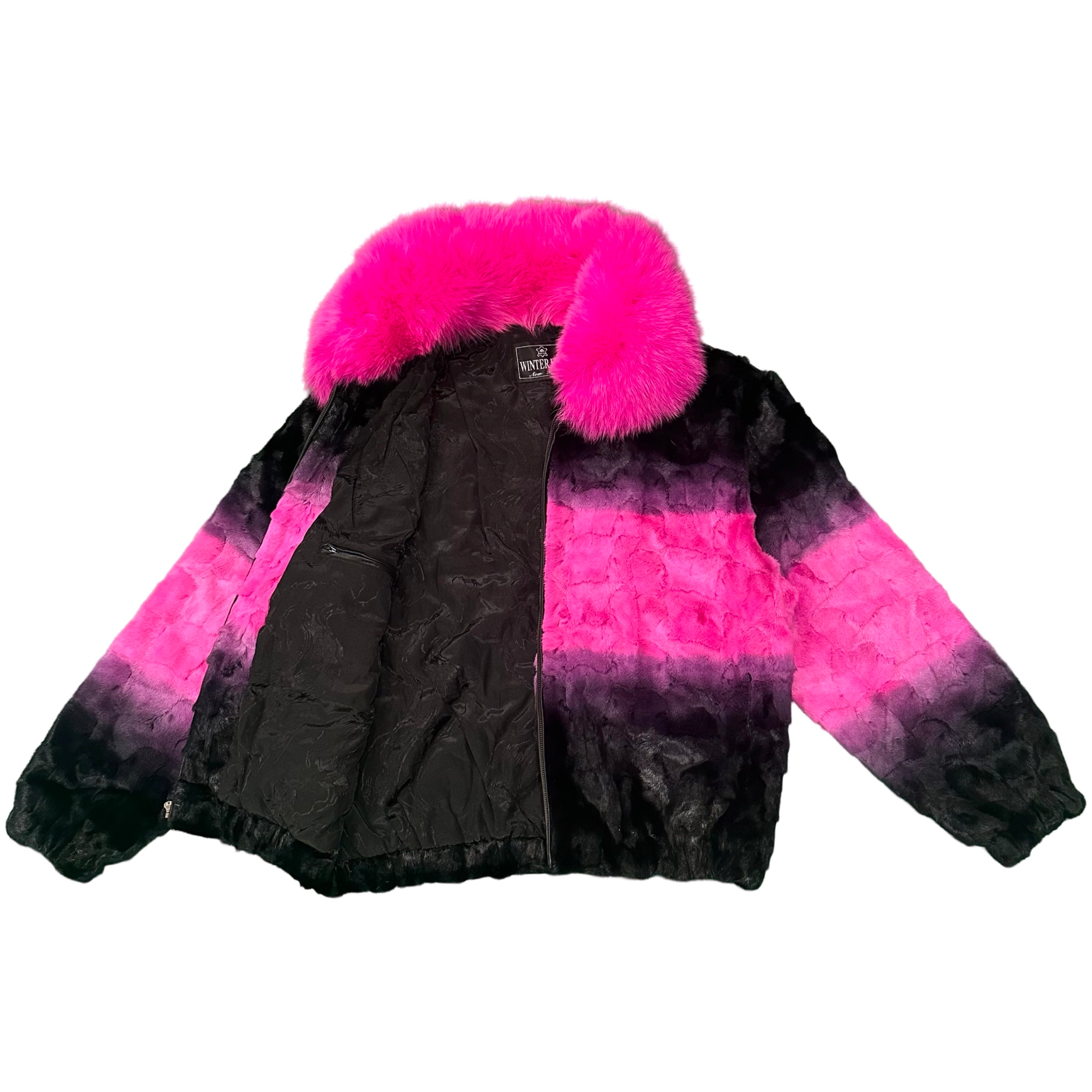 Kashani Faded Black/Pink Diamond Cut Mink Fox Collar Fur Coat