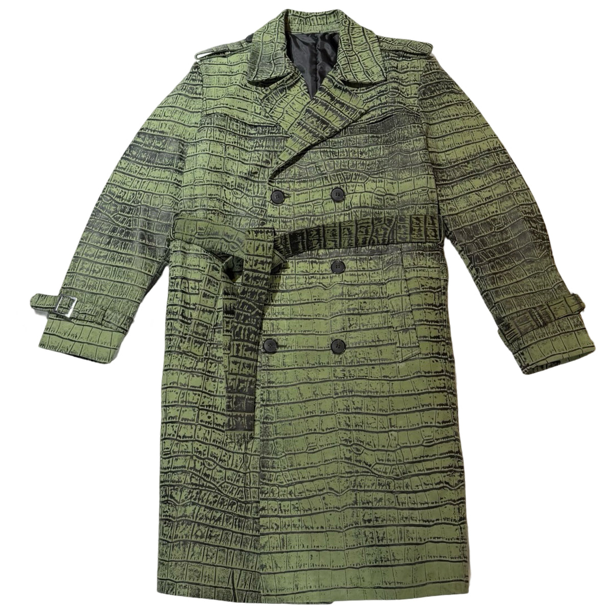 Kashani Green Embossed Alligator Trench Coat with Detachable Fox Fur Collar - Dudes Boutique