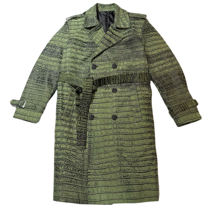 Kashani Green Embossed Alligator Trench Coat with Detachable Fox Fur Collar - Dudes Boutique