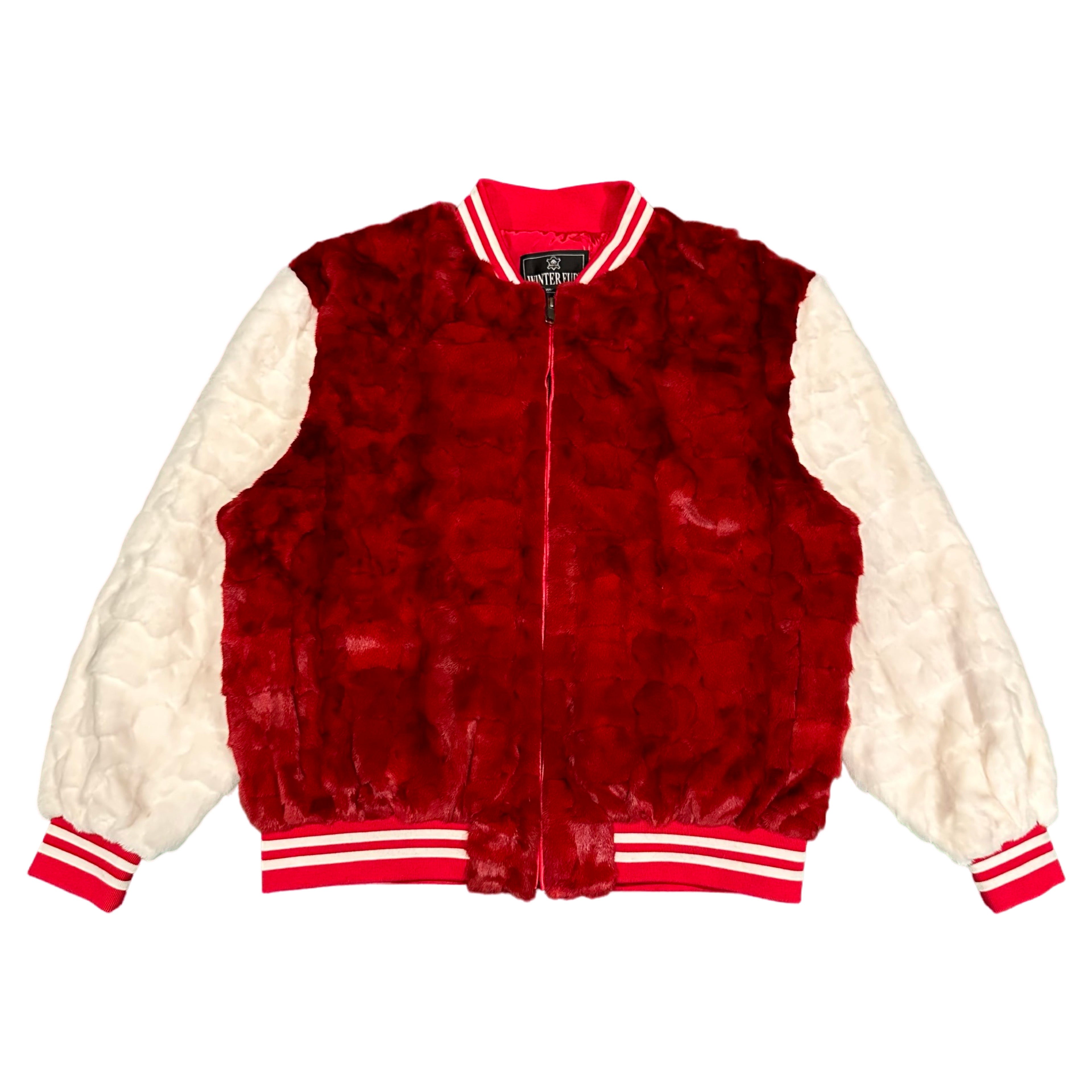 Kashani White/Red Diamond Cut Mink Fur Bomber Jacket - Dudes Boutique