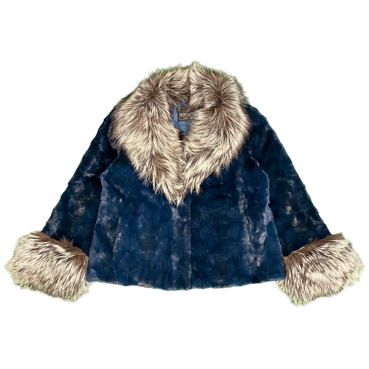 Kashani Women's Navy Diamond Cut Mink Silver Fox Fur Jacket - Dudes Boutique