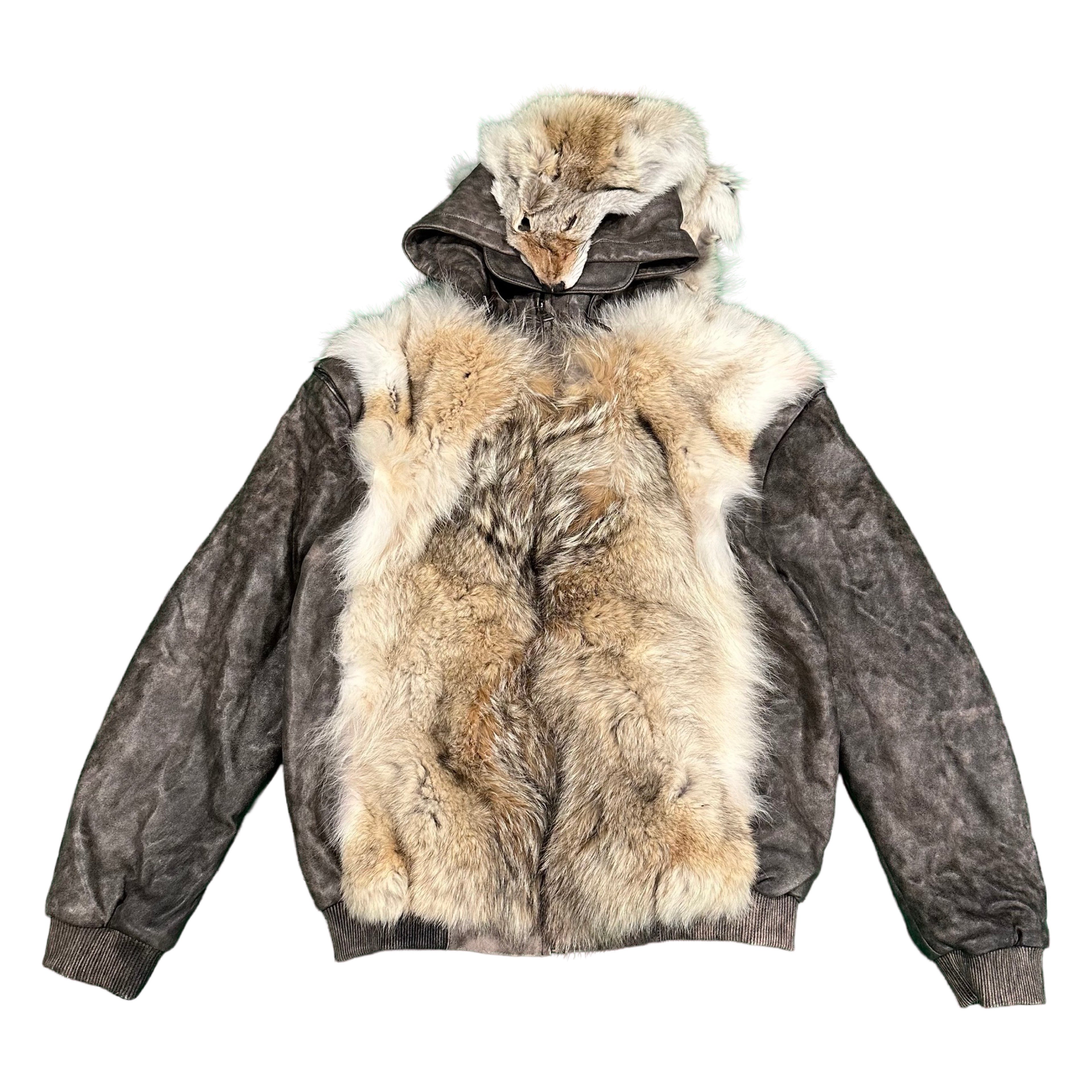 Kashani Coyote Head Fur Grey Distressed Leather Jacket w/ Detachable Sleeve - Dudes Boutique