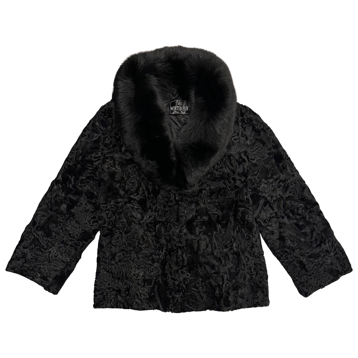 Kashani Ladies Black Full Persian Lamb/Fox Collar 3/4 Fur Coat - Dudes Boutique