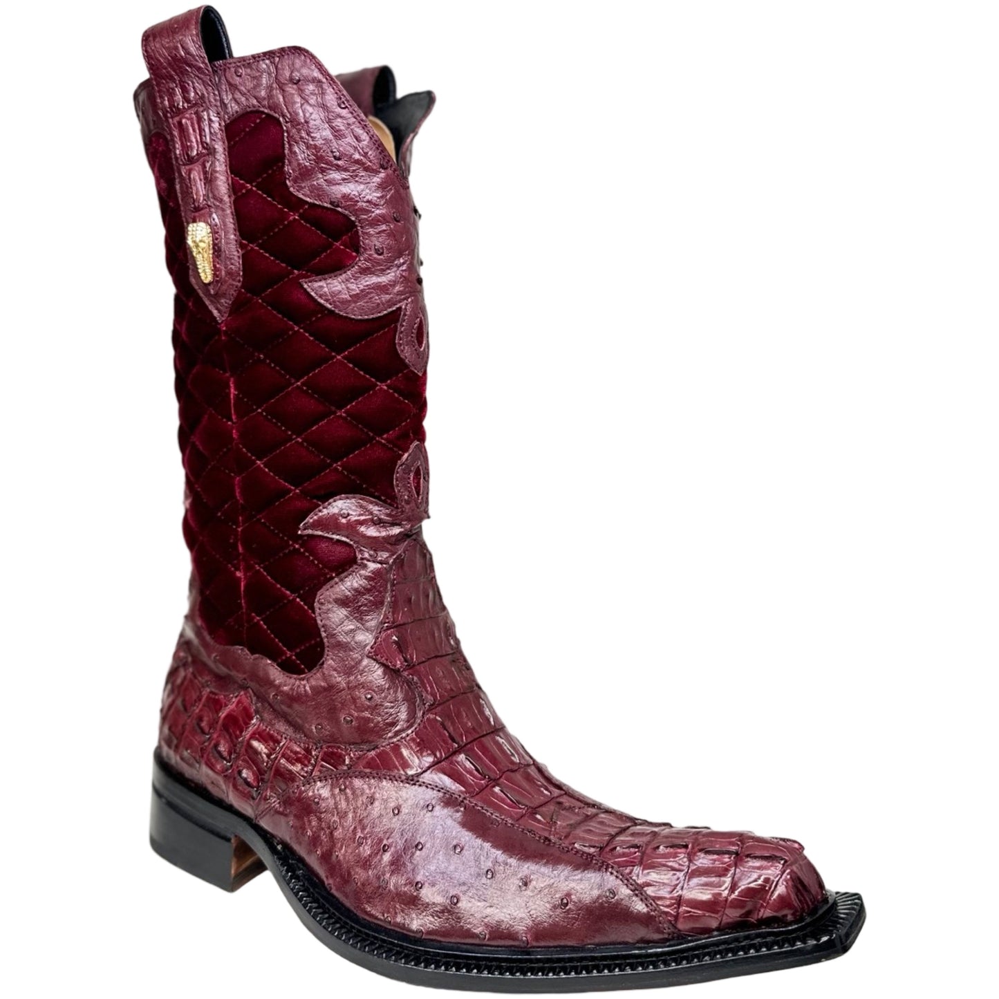 Mauri 42672/1 Ruby Red Quilted Velvet Hornback Crocodile / Ostrich Quill Cowboy Boots - Dudes Boutique