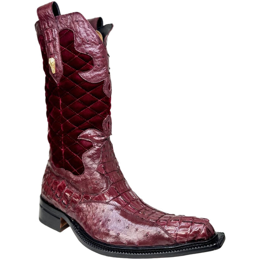 Mauri 42672/1 Ruby Red Quilted Velvet Hornback Crocodile / Ostrich Quill Cowboy Boots - Dudes Boutique
