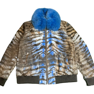 Kashani Royal Blue Pony Hair / Fox Fur Tiger Motif Bomber Jacket - Dudes Boutique