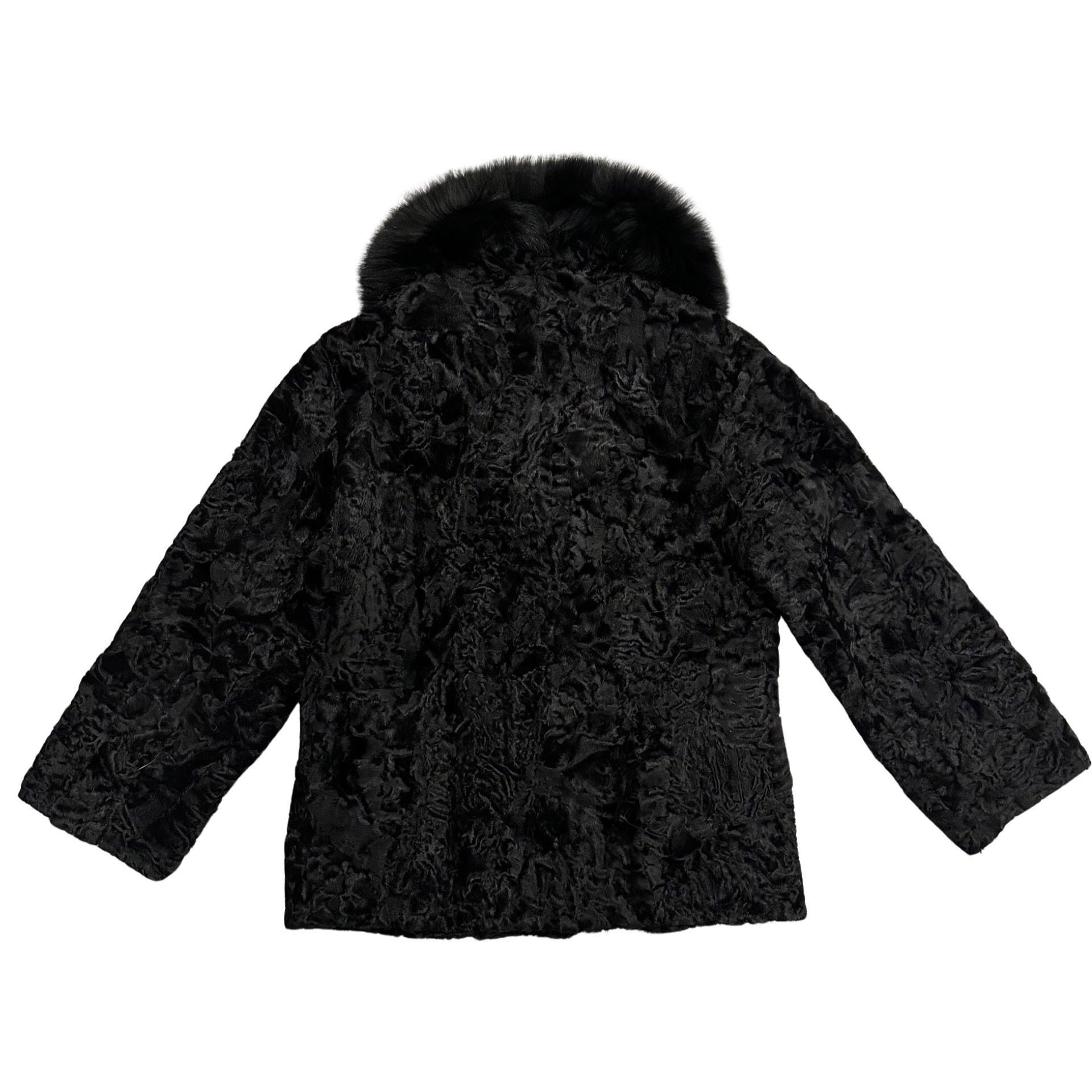 Kashani Ladies Black Full Persian Lamb/Fox Collar 3/4 Fur Coat - Dudes Boutique