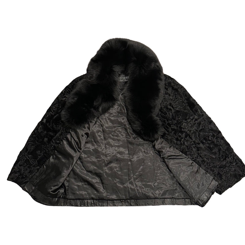 Kashani Ladies Black Full Persian Lamb/Fox Collar 3/4 Fur Coat - Dudes Boutique