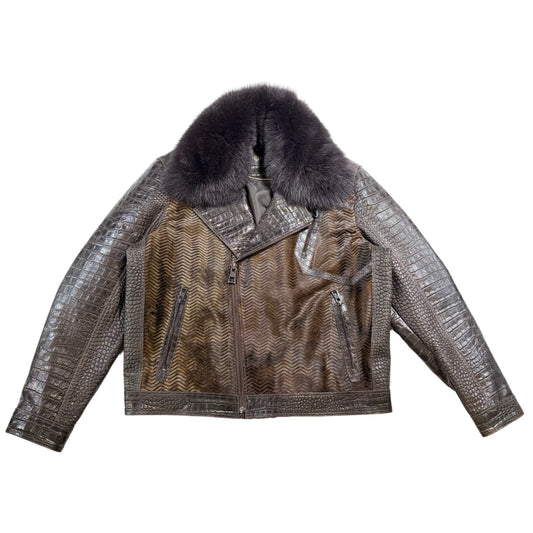 Kashani Brown Embossed Alligator & Cavallino Pony Hair Biker Jacket with Detachable Fox Fur Collar - Dudes Boutique