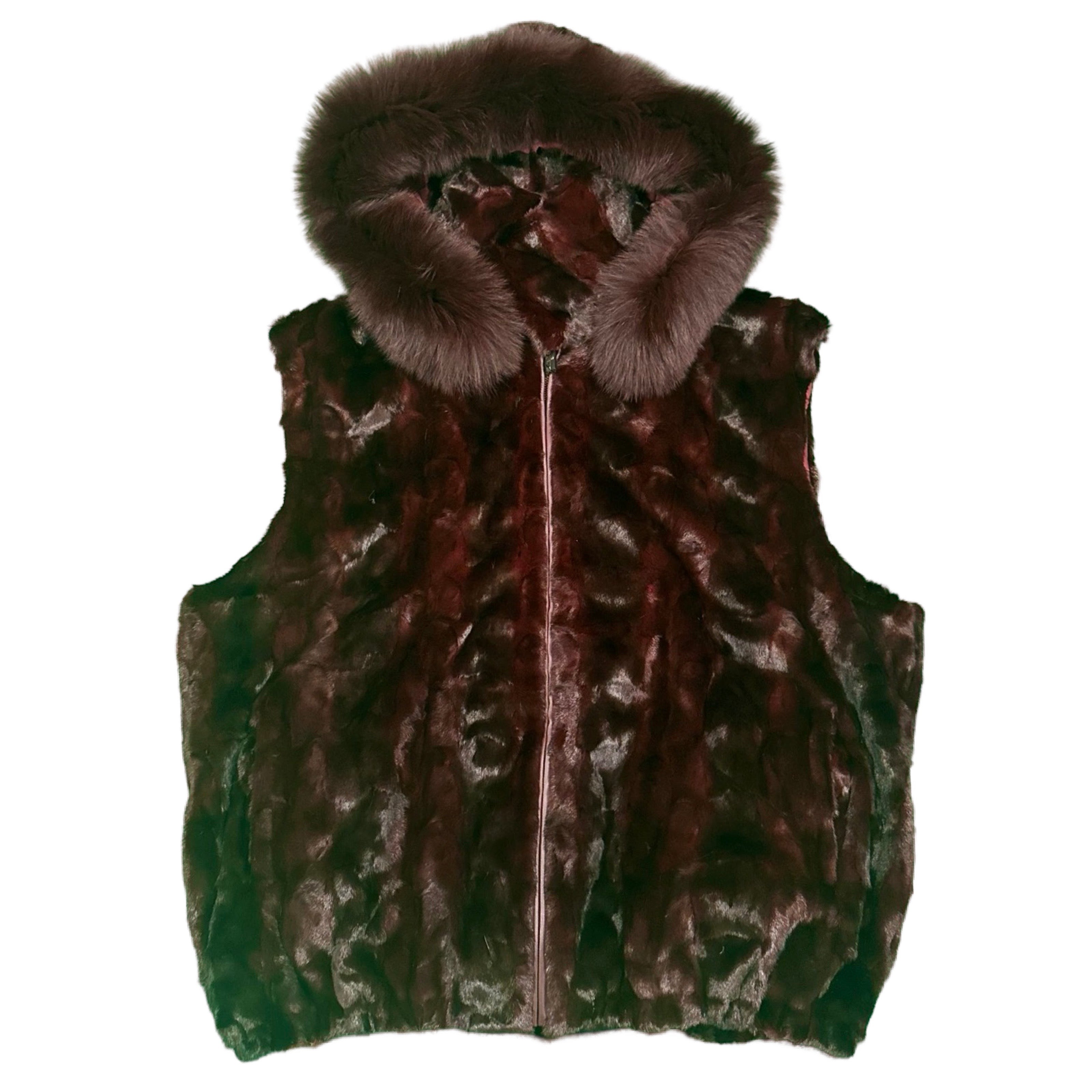 Kashani Men's Burgundy Full Mink Fur Vest w/ Detachable Fox Collar - Dudes Boutique