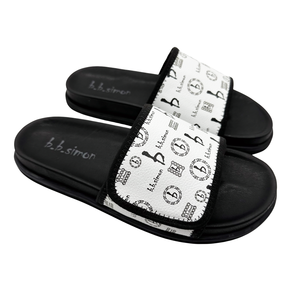 b.b. Simon BB Pattern Velcro Leather Slides - White - Dudes Boutique