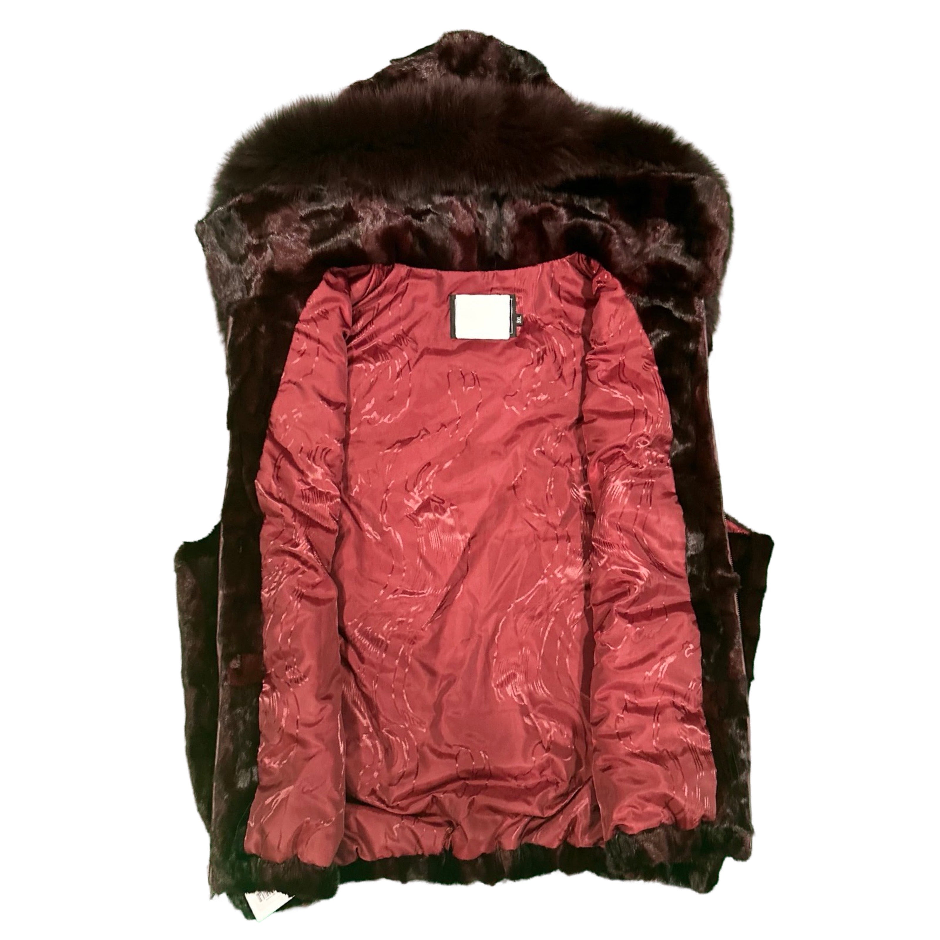 Kashani Men's Burgundy Full Mink Fur Vest w/ Detachable Fox Collar - Dudes Boutique