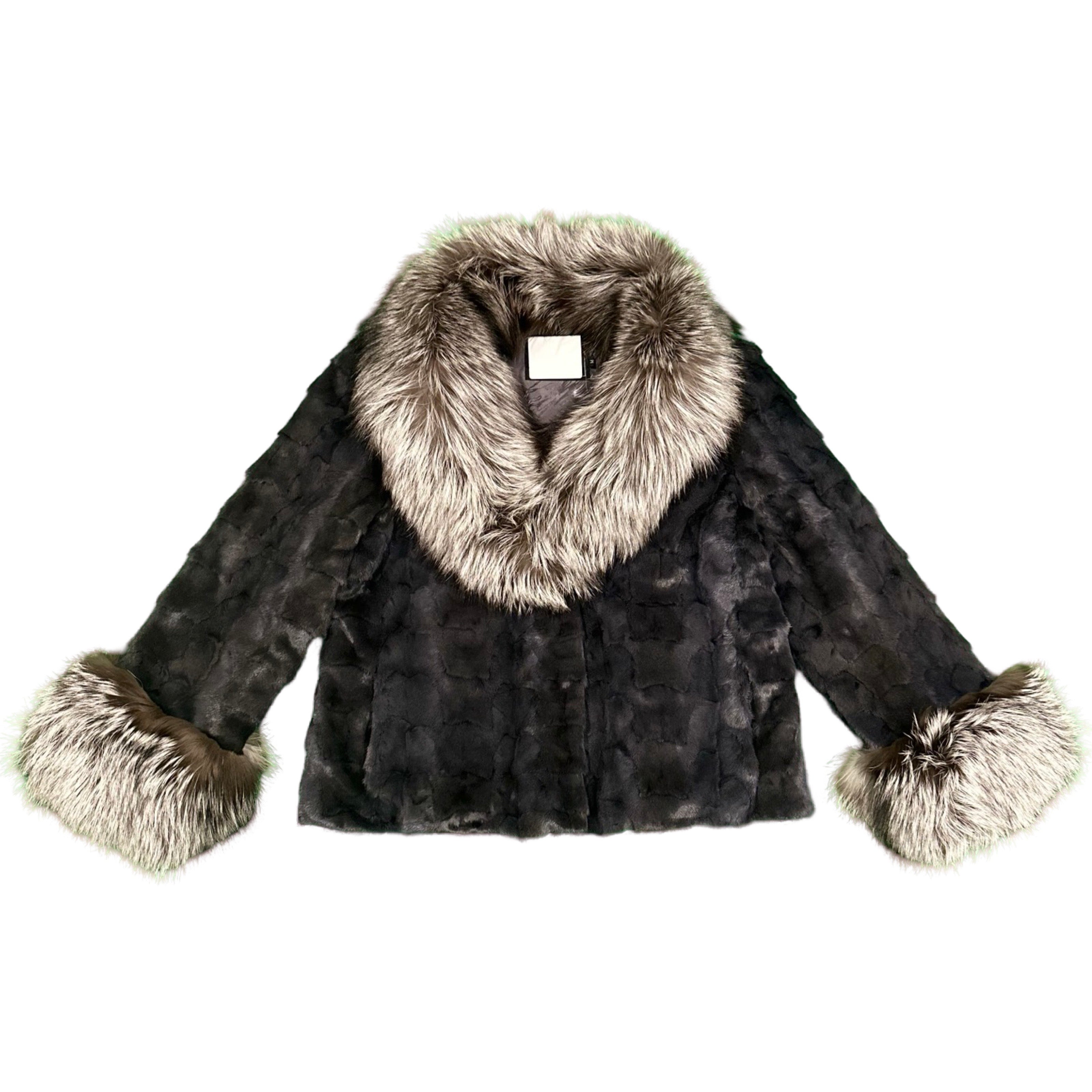 Kashani Women's Grey Diamond Cut Mink Silver Fox Fur Jacket - Dudes Boutique