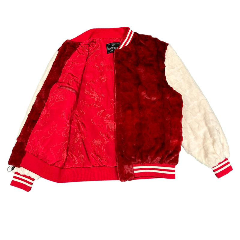 Kashani White/Red Diamond Cut Mink Fur Bomber Jacket - Dudes Boutique