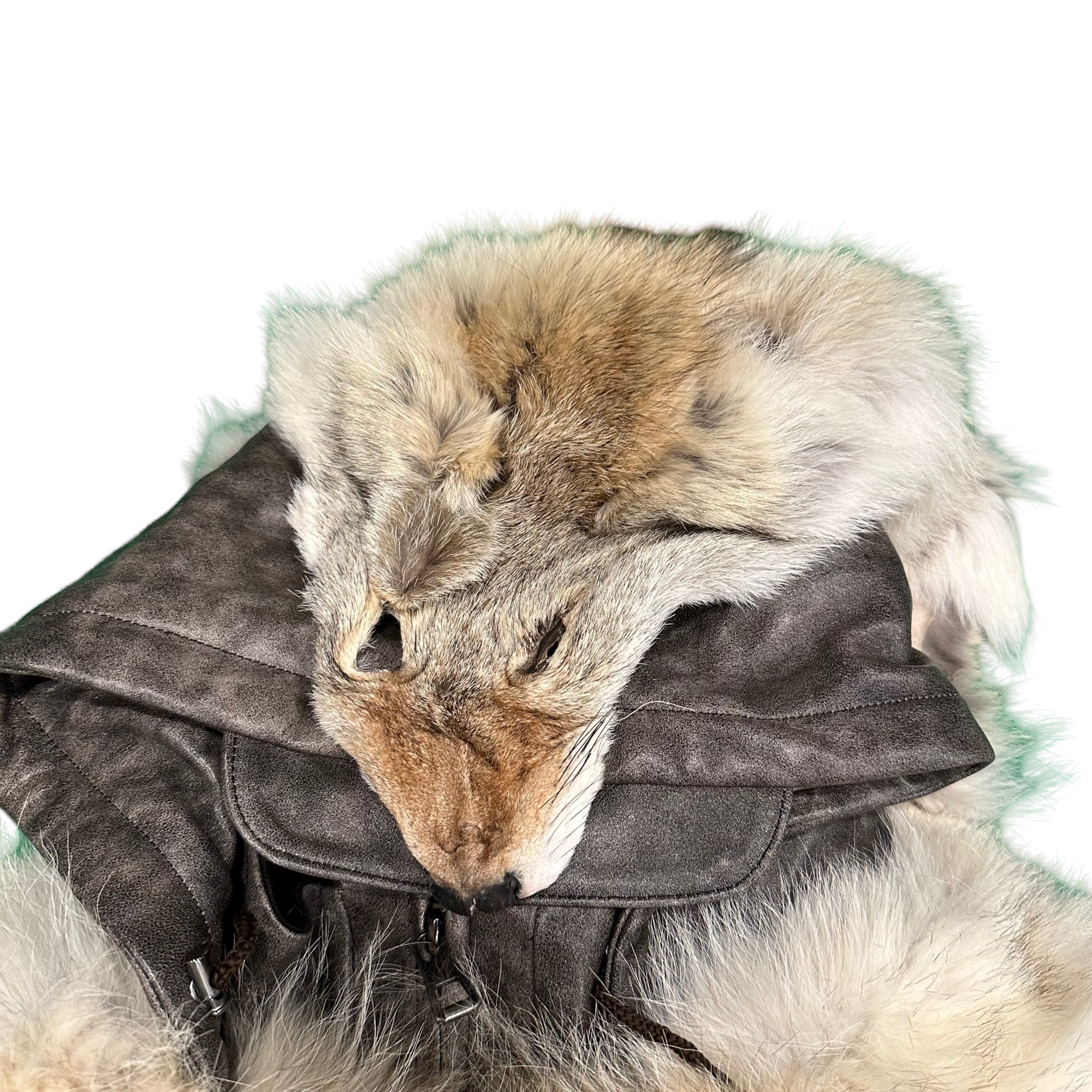 Kashani Coyote Head Fur Grey Distressed Leather Jacket w/ Detachable Sleeve - Dudes Boutique