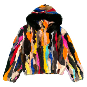 Kashani Women's Multi Color Rabbit Fur Coat w/ Detachable Hood - Dudes Boutique