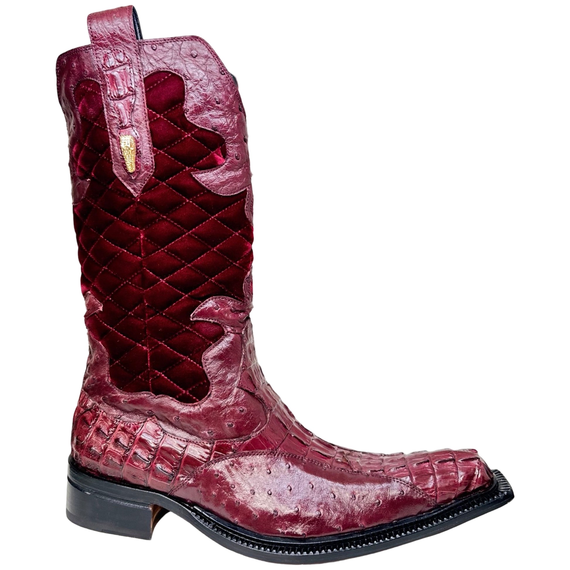 Mauri 42672/1 Ruby Red Quilted Velvet Hornback Crocodile / Ostrich Quill Cowboy Boots - Dudes Boutique