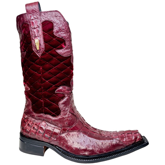 Mauri 42672/1 Ruby Red Quilted Velvet Hornback Crocodile / Ostrich Quill Cowboy Boots - Dudes Boutique