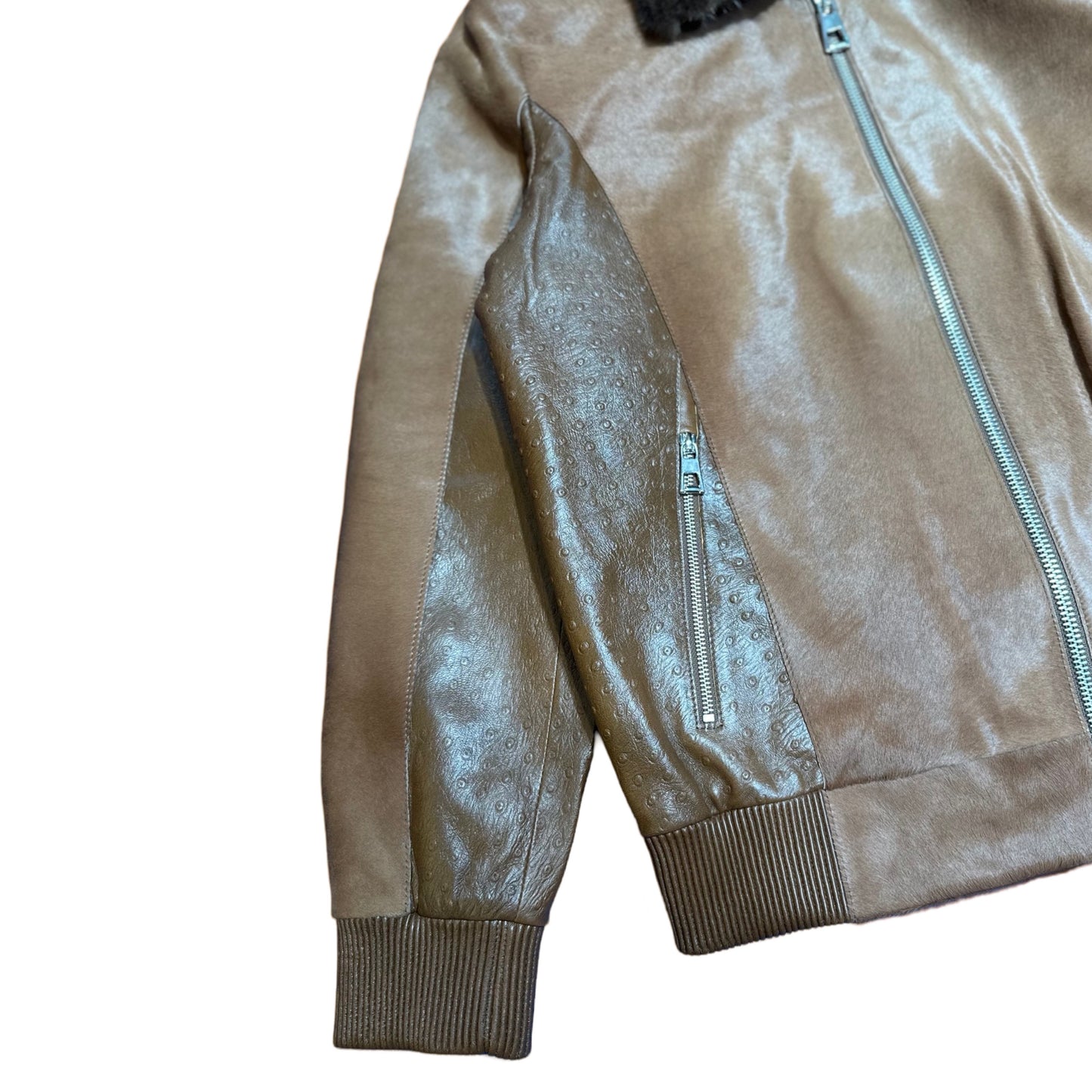 Kashani Brown Pony Hair Lambskin Embossed Ostrich Quill Jacket - Dudes Boutique