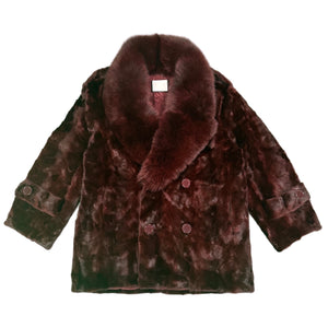 Kashani Men's Burgundy Full Mink Fur 3/4 Double Breasted Coat w/ Fox Collar - Dudes Boutique