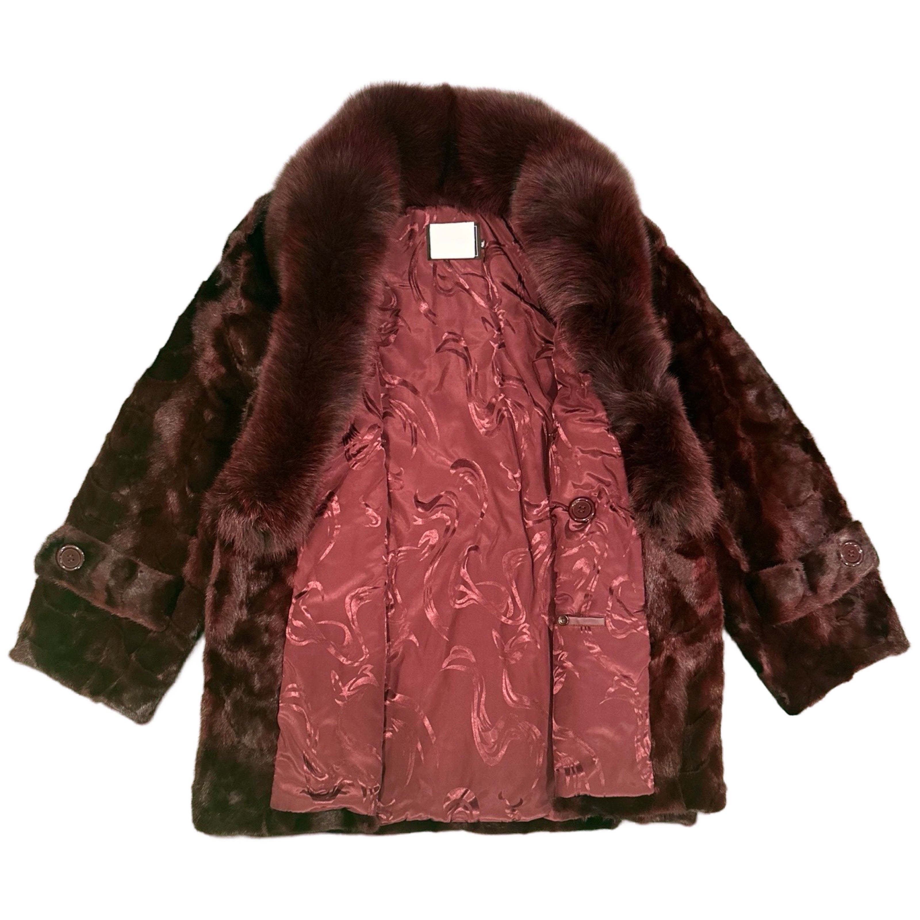 Kashani Men's Burgundy Full Mink Fur 3/4 Double Breasted Coat w/ Fox Collar - Dudes Boutique