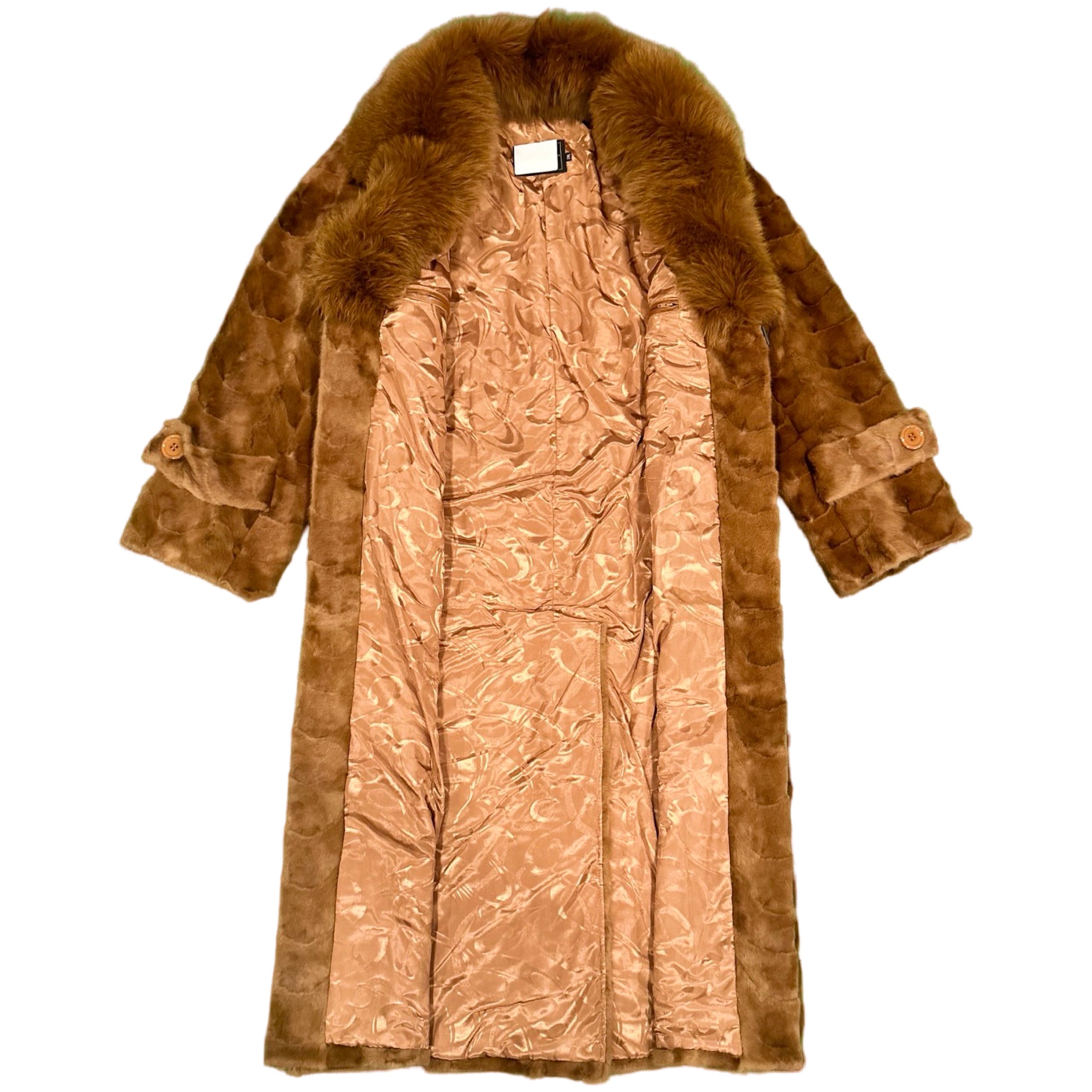 Kashani Men's Whiskey Full Mink Fur Trench Coat w/ Fox Collar