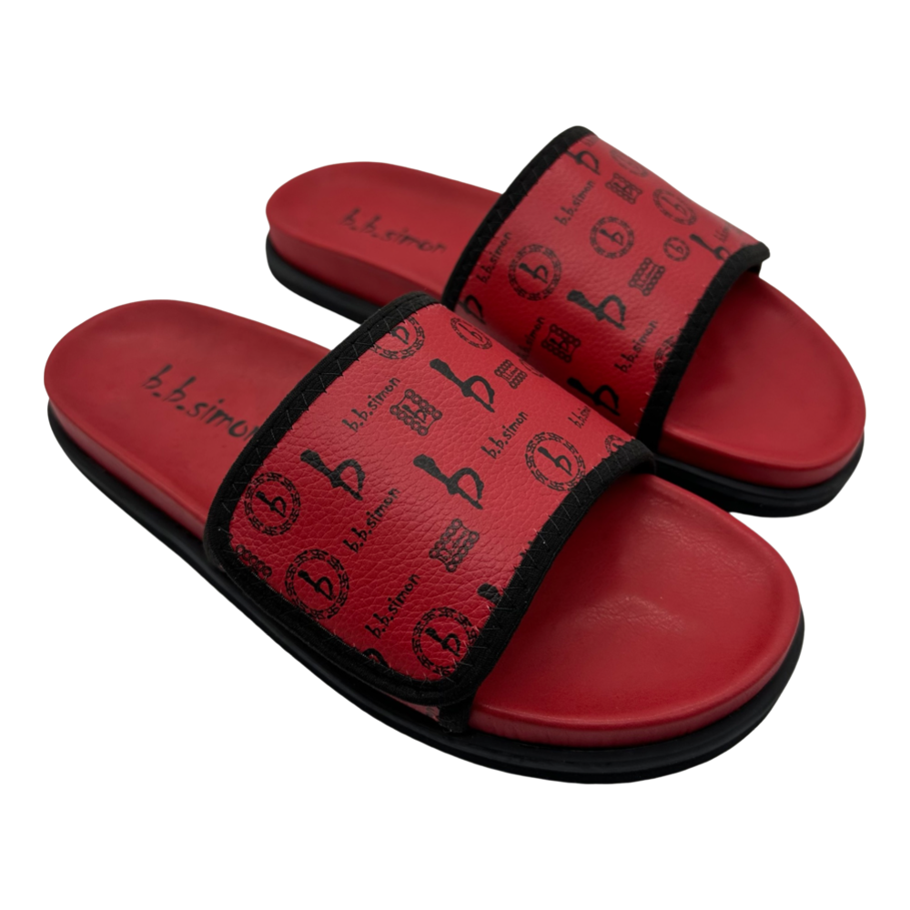 b.b. Simon BB Pattern Velcro Leather Slides - Red/Red - Dudes Boutique