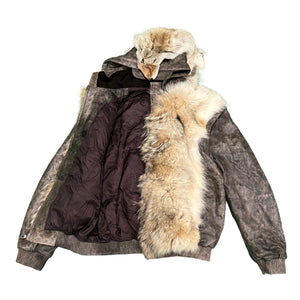 Kashani Coyote Head Fur Grey Distressed Leather Jacket w/ Detachable Sleeve - Dudes Boutique