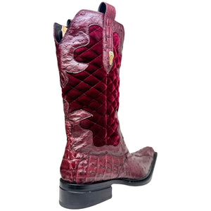 Mauri 42672/1 Ruby Red Quilted Velvet Hornback Crocodile / Ostrich Quill Boots - Dudes Boutique