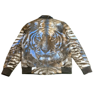 Kashani Royal Blue Pony Hair / Fox Fur Tiger Motif Bomber Jacket - Dudes Boutique