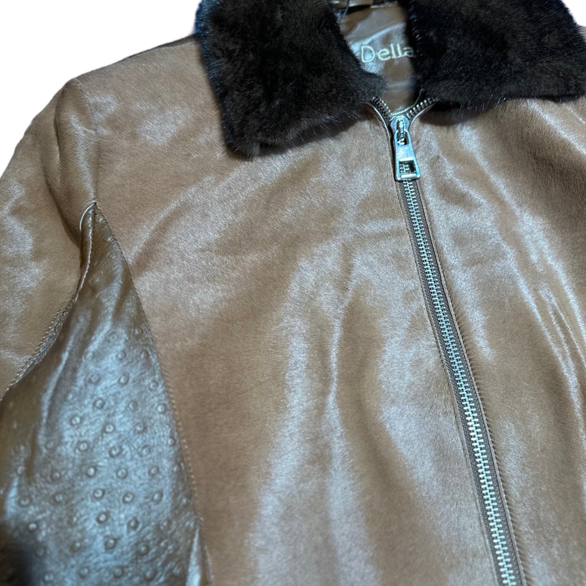 Kashani Brown Pony Hair Lambskin Embossed Ostrich Quill Jacket - Dudes Boutique