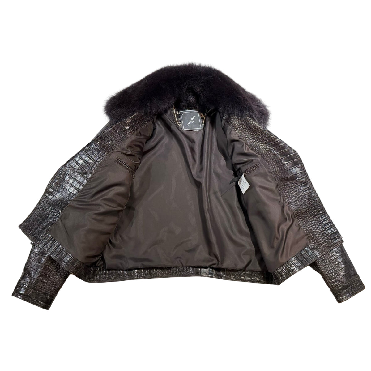 Kashani brown embossed alligator and cavallino pony hair biker jacket with fox fur collar