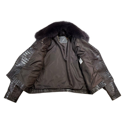 Kashani brown embossed alligator and cavallino pony hair biker jacket with fox fur collar