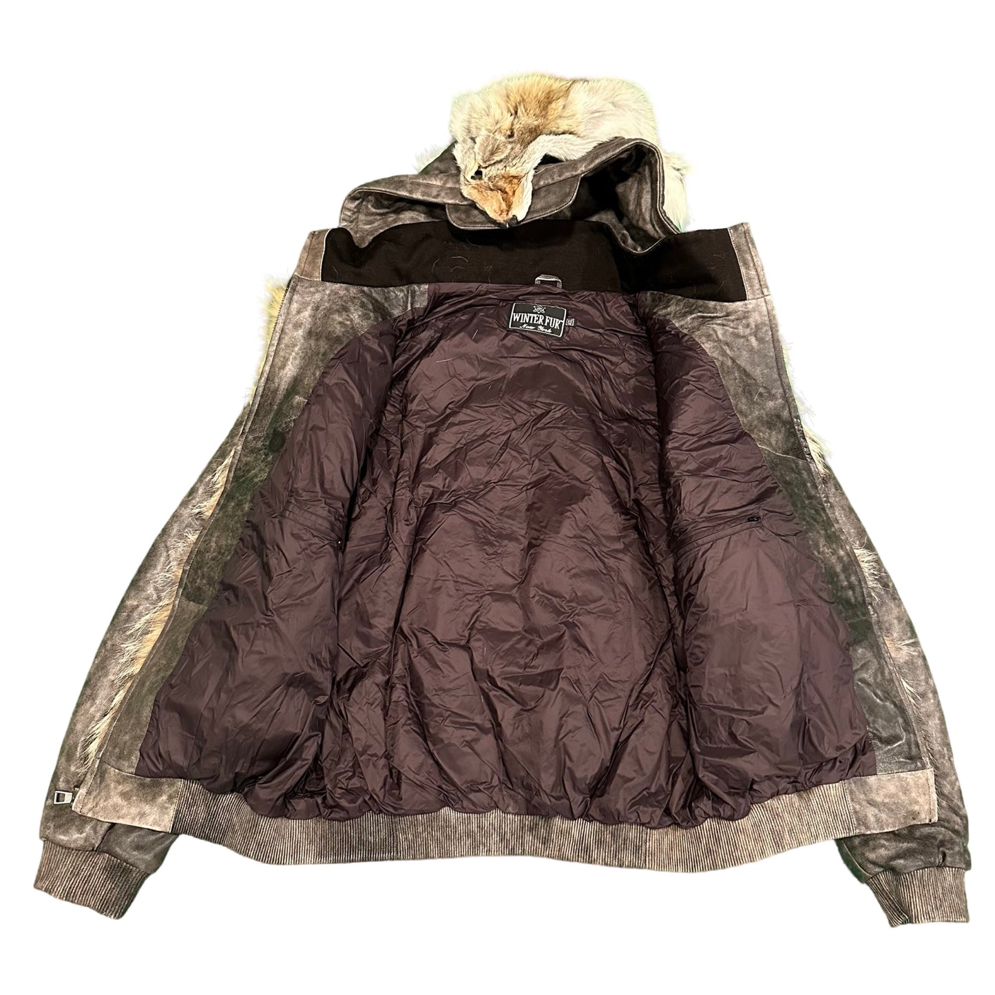 Kashani Coyote Head Fur Grey Distressed Leather Jacket w/ Detachable Sleeve - Dudes Boutique