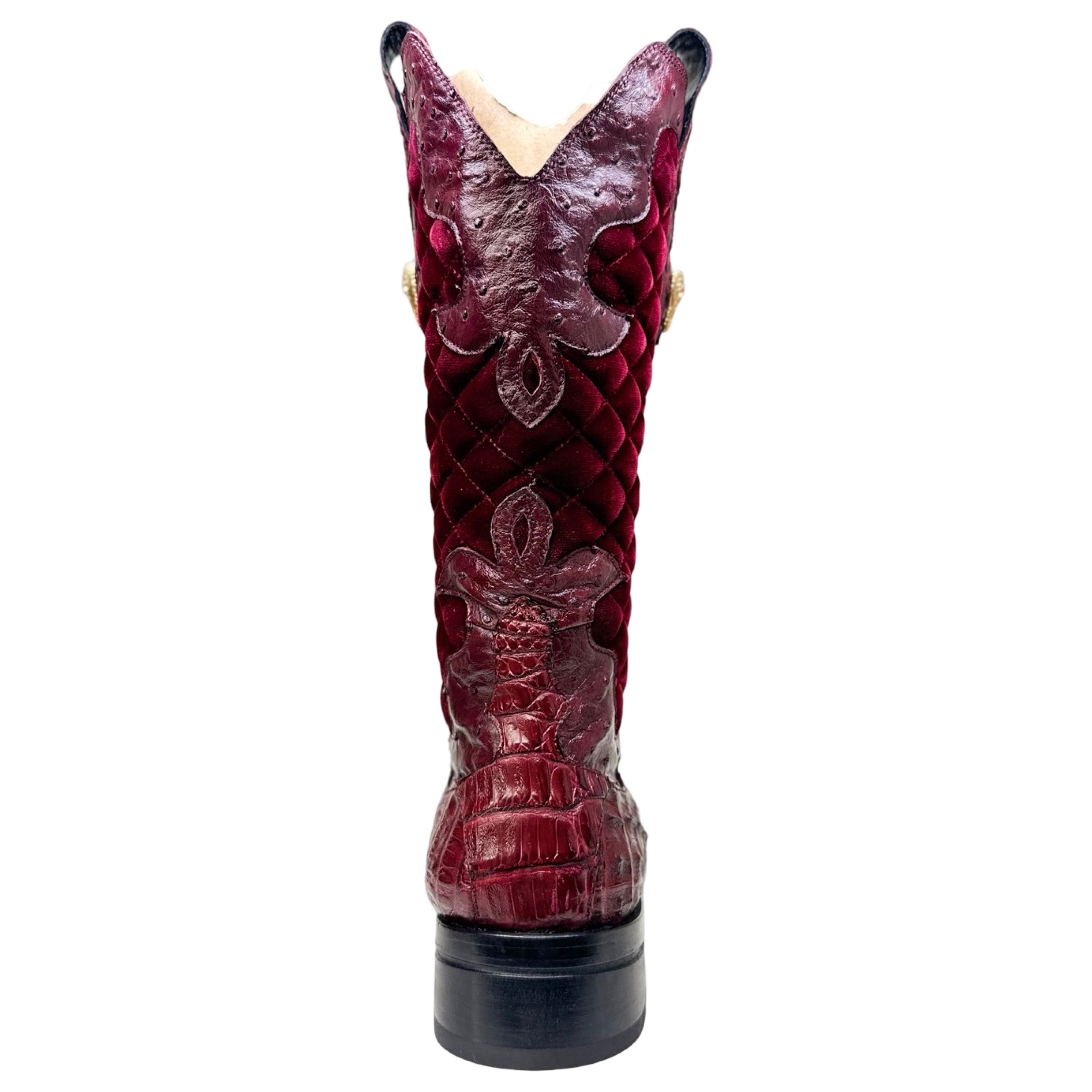 Mauri 42672/1 Ruby Red Quilted Velvet Hornback Crocodile / Ostrich Quill Boots - Dudes Boutique